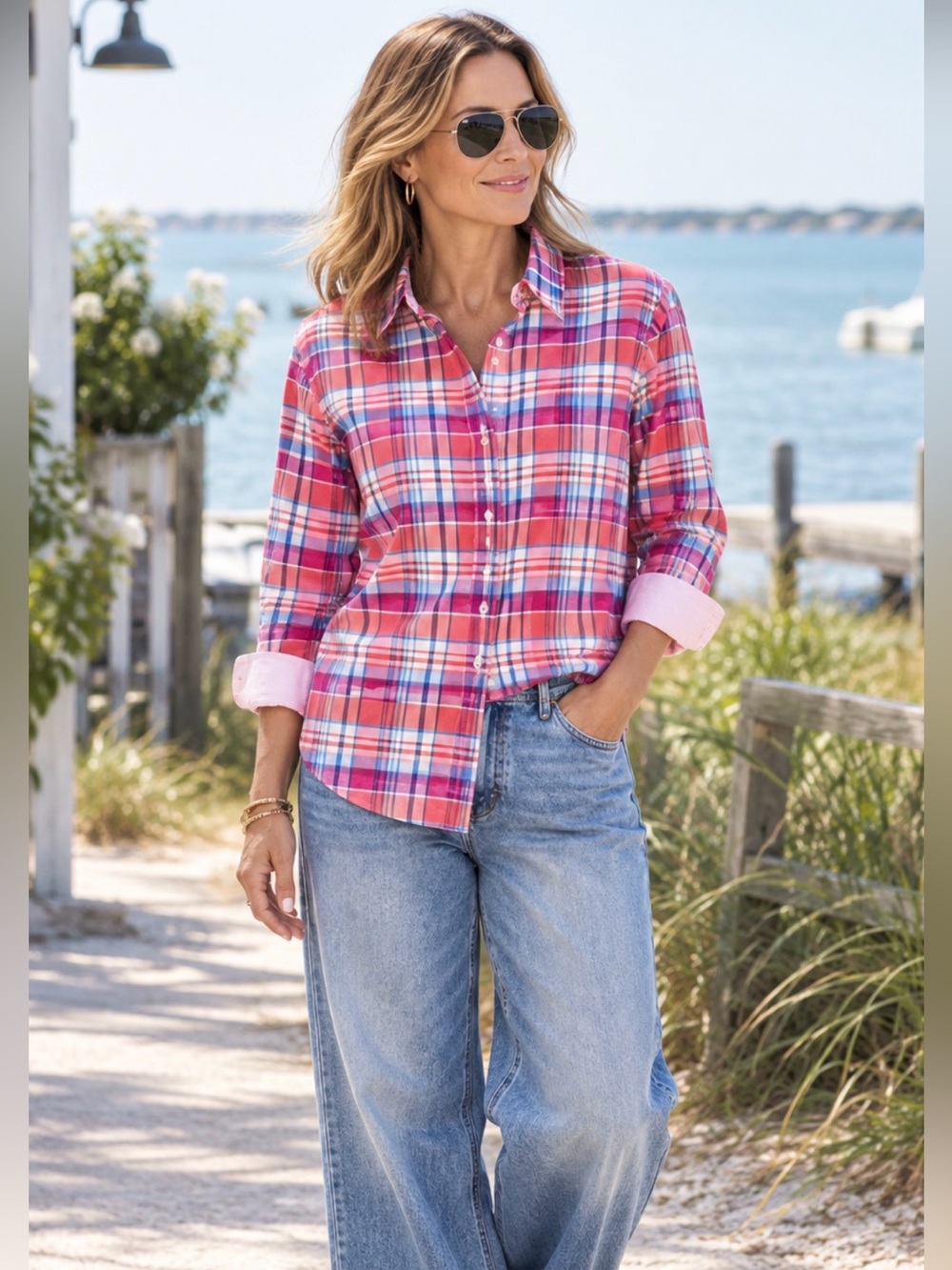 CHAPS Non Iron Shirt Long Sleeve Coral Blue Plaid Top 3/4 Sleeve Women’s XL